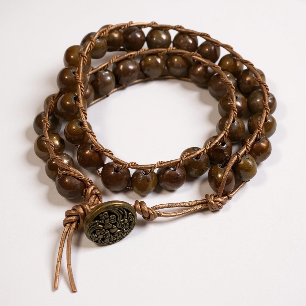 Bronze Freshwater Pearl Leather Wrap Bracelet | Double Wrap Boho Cuff